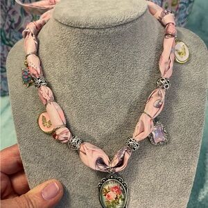 Handcrafted Pink Floral Scarf Charm Necklace - Women Jewelry - Custom
